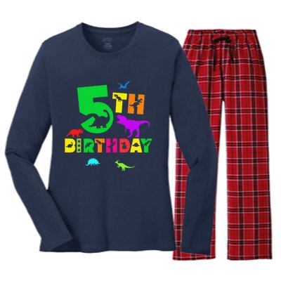 Dinosaur 5th Birthday Dino Im 5 Birthday Women's Long Sleeve Flannel Pajama Set 