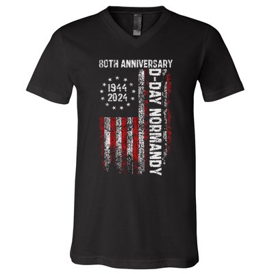 Dday 80th Anniversary American Flag 1944 Normandy V-Neck T-Shirt