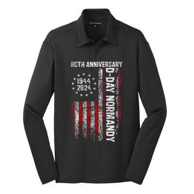 Dday 80th Anniversary American Flag 1944 Normandy Silk Touch Performance Long Sleeve Polo