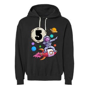 Dabbing Astronaut 5 Yrs Old Birthday Boy Space 5th Birthday Garment-Dyed Fleece Hoodie