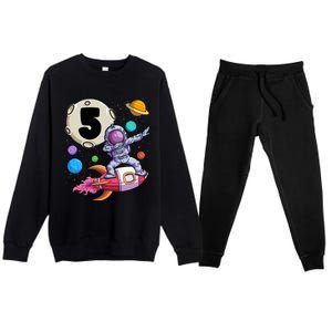 Dabbing Astronaut 5 Yrs Old Birthday Boy Space 5th Birthday Premium Crewneck Sweatsuit Set