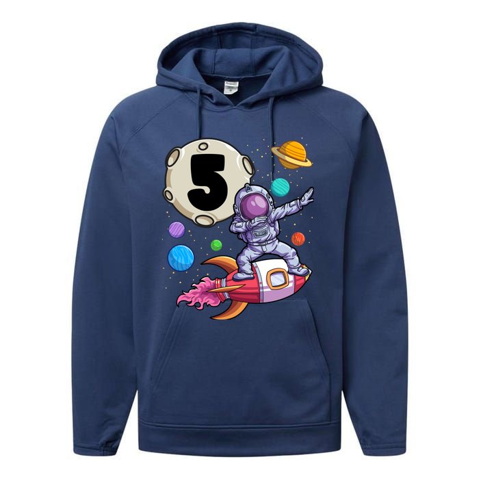 Dabbing Astronaut 5 Yrs Old Birthday Boy Space 5th Birthday Performance Fleece Hoodie