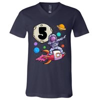 Dabbing Astronaut 5 Yrs Old Birthday Boy Space 5th Birthday V-Neck T-Shirt