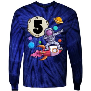 Dabbing Astronaut 5 Yrs Old Birthday Boy Space 5th Birthday Tie-Dye Long Sleeve Shirt