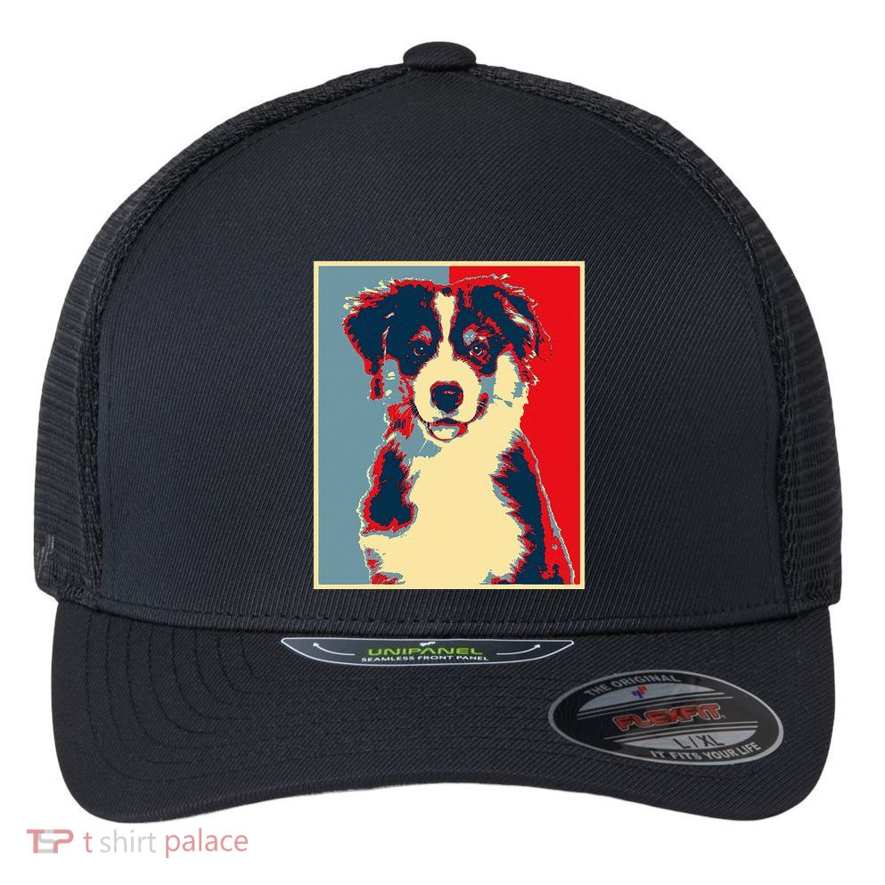 Dog Artwork Aussie Vintage Silhouette Australian Shepherd Flexfit Unipanel Trucker Cap