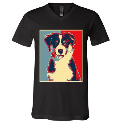 Dog Artwork Aussie Vintage Silhouette Australian Shepherd V-Neck T-Shirt