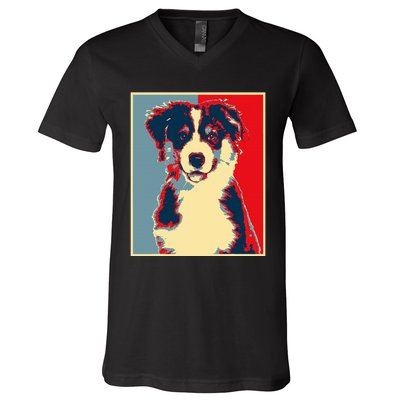 Dog Artwork Aussie Vintage Silhouette Australian Shepherd V-Neck T-Shirt