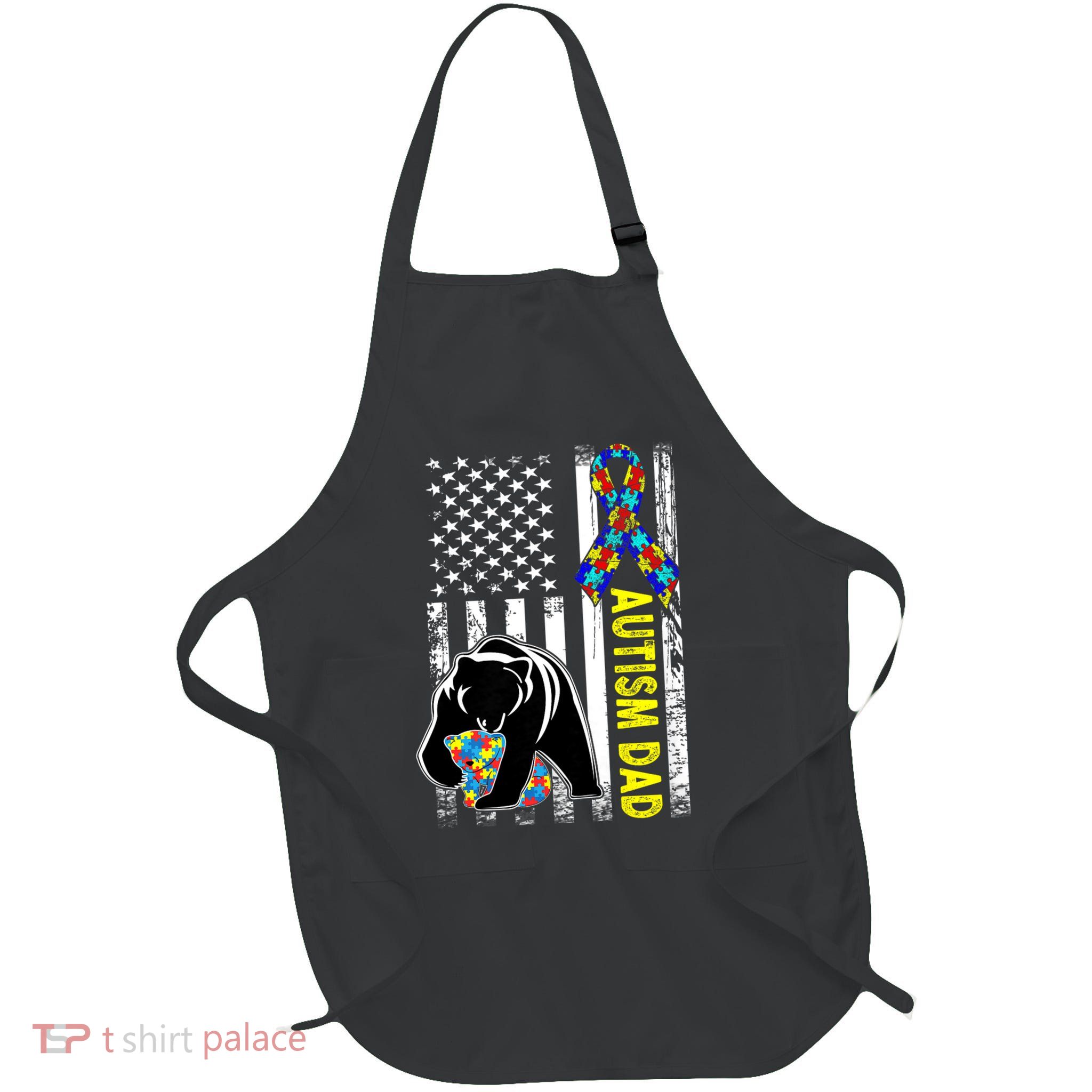Dad Autism Awareness American Flag Fathers Day For Men Daddy Full-Length Apron With Pockets
