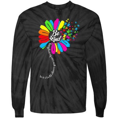 Dandelion Autism Awareness Be Kind Puzzle Mom Support Tie-Dye Long Sleeve Shirt