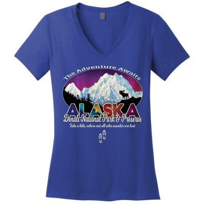 Denali Alaska Aurora Borealis National Park Hiker Souvenir Cute Gift Women's V-Neck T-Shirt