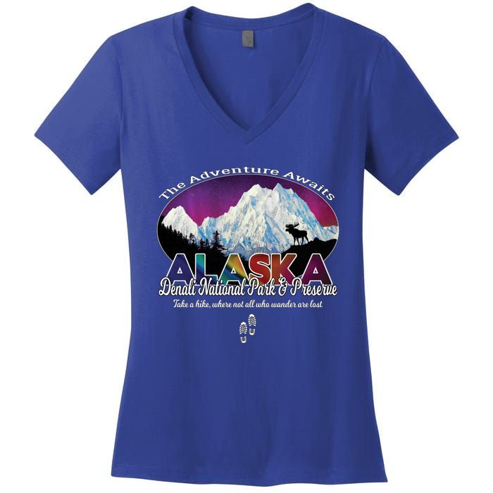 Denali Alaska Aurora Borealis National Park Hiker Souvenir Cute Gift Women's V-Neck T-Shirt