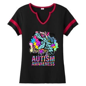 Dinosaur Autism Awareness Cute Gift Ladies Halftime Notch Neck Tee