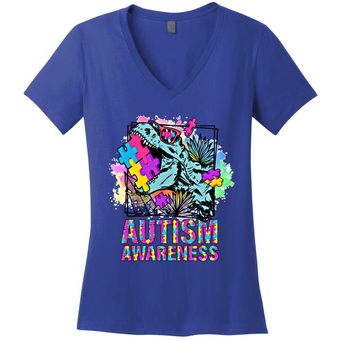 Dinosaur Autism Awareness Cute Gift Women's V-Neck T-Shirt