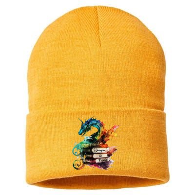 Dragons And Books Watercolor Fantasy Dragon Lover Theme Sustainable Knit Beanie