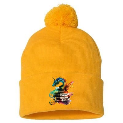 Dragons And Books Watercolor Fantasy Dragon Lover Theme Pom Pom 12in Knit Beanie