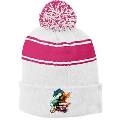 Dragons And Books Watercolor Fantasy Dragon Lover Theme Stripe Pom Pom Beanie