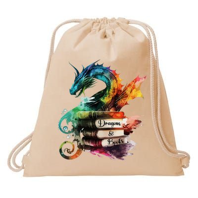 Dragons And Books Watercolor Fantasy Dragon Lover Theme Drawstring Bag