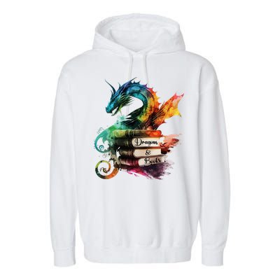 Dragons And Books Watercolor Fantasy Dragon Lover Theme Garment-Dyed Fleece Hoodie