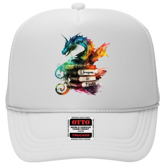 Dragons And Books Watercolor Fantasy Dragon Lover Theme High Crown Mesh Back Trucker Hat