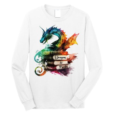 Dragons And Books Watercolor Fantasy Dragon Lover Theme Long Sleeve Shirt