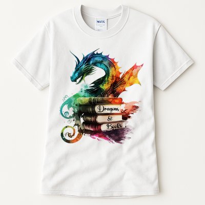 Dragons And Books Watercolor Fantasy Dragon Lover Theme Tall T-Shirt