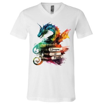 Dragons And Books Watercolor Fantasy Dragon Lover Theme V-Neck T-Shirt