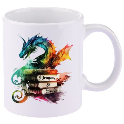 Dragons And Books Watercolor Fantasy Dragon Lover Theme 11oz C Handle Ceramic Mug