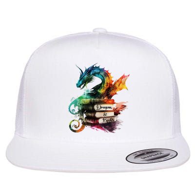 Dragons And Books Watercolor Fantasy Dragon Lover Theme Flat Bill Trucker Hat