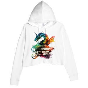 Dragons And Books Watercolor Fantasy Dragon Lover Theme Crop Fleece Hoodie