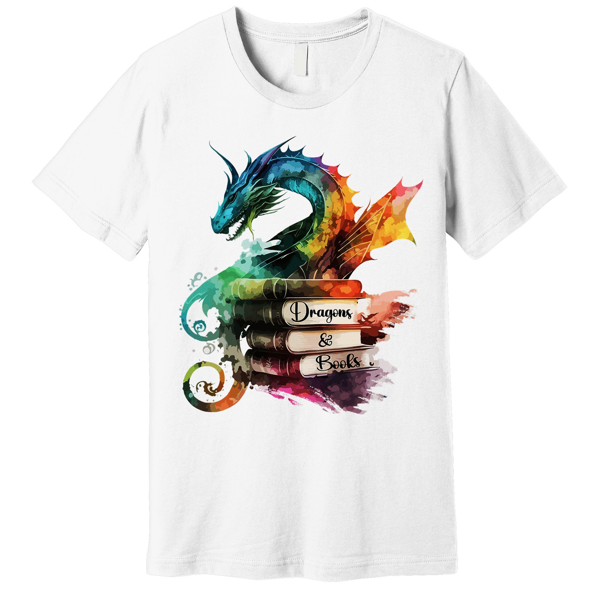 Dragons And Books Watercolor Fantasy Dragon Lover Theme Premium T-Shirt