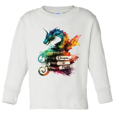Dragons And Books Watercolor Fantasy Dragon Lover Theme Toddler Long Sleeve Shirt