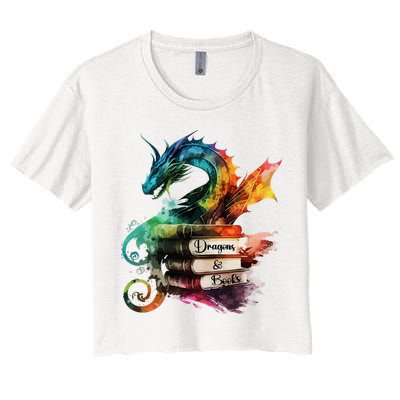 Dragons And Books Watercolor Fantasy Dragon Lover Theme Women's Crop Top Tee