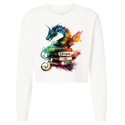 Dragons And Books Watercolor Fantasy Dragon Lover Theme Cropped Pullover Crew