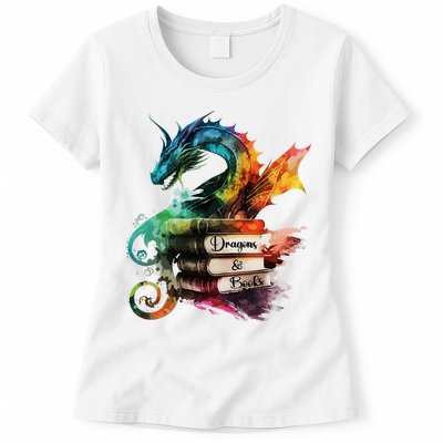 Dragons And Books Watercolor Fantasy Dragon Lover Theme Womens T-Shirt
