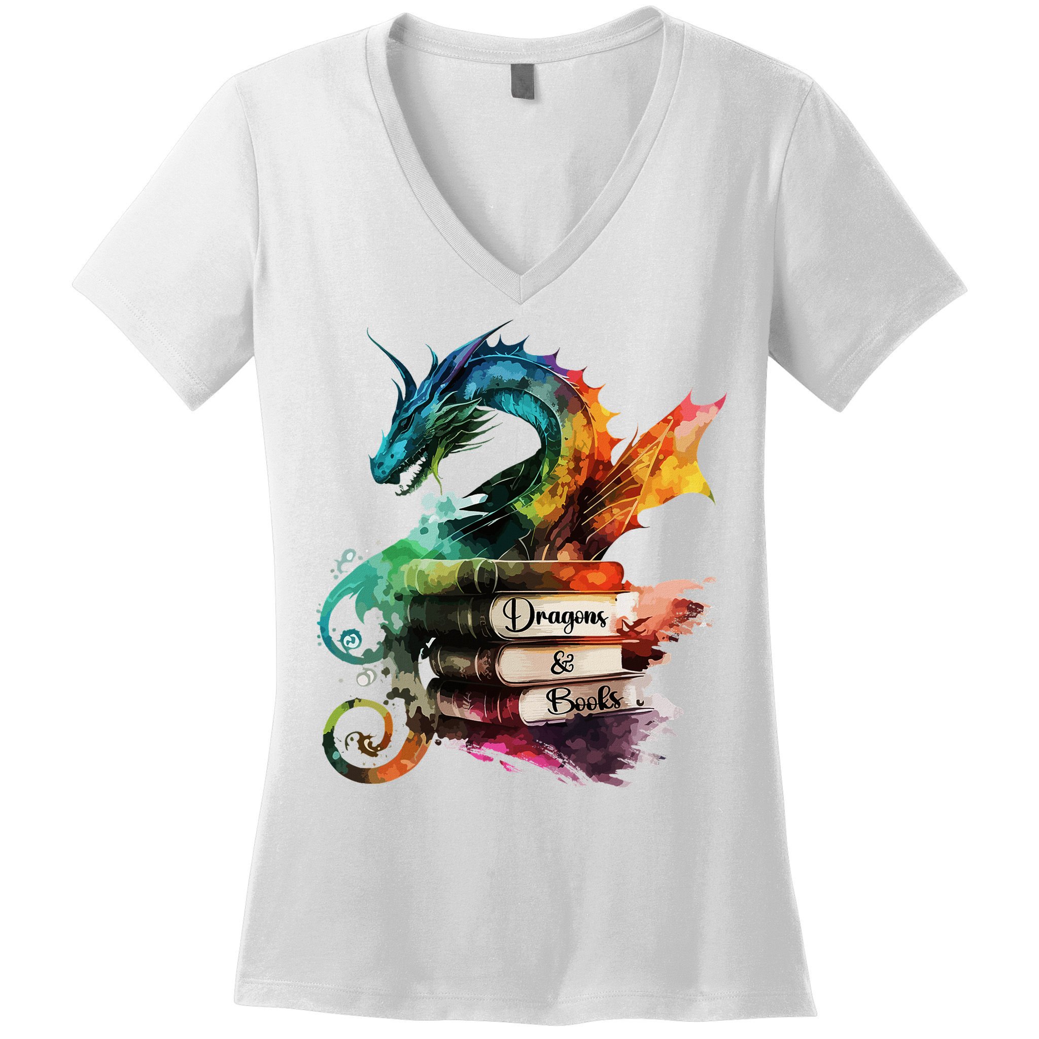 Dragons And Books Watercolor Fantasy Dragon Lover Theme Women's V-Neck T-Shirt
