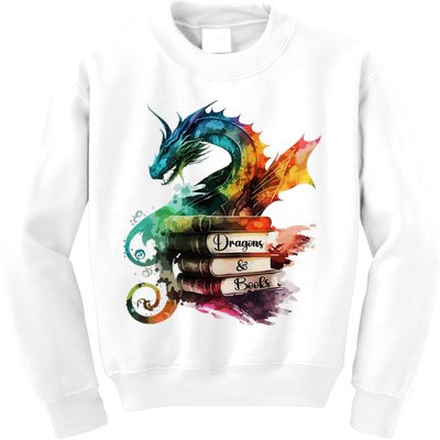 Dragons And Books Watercolor Fantasy Dragon Lover Theme Kids Sweatshirt