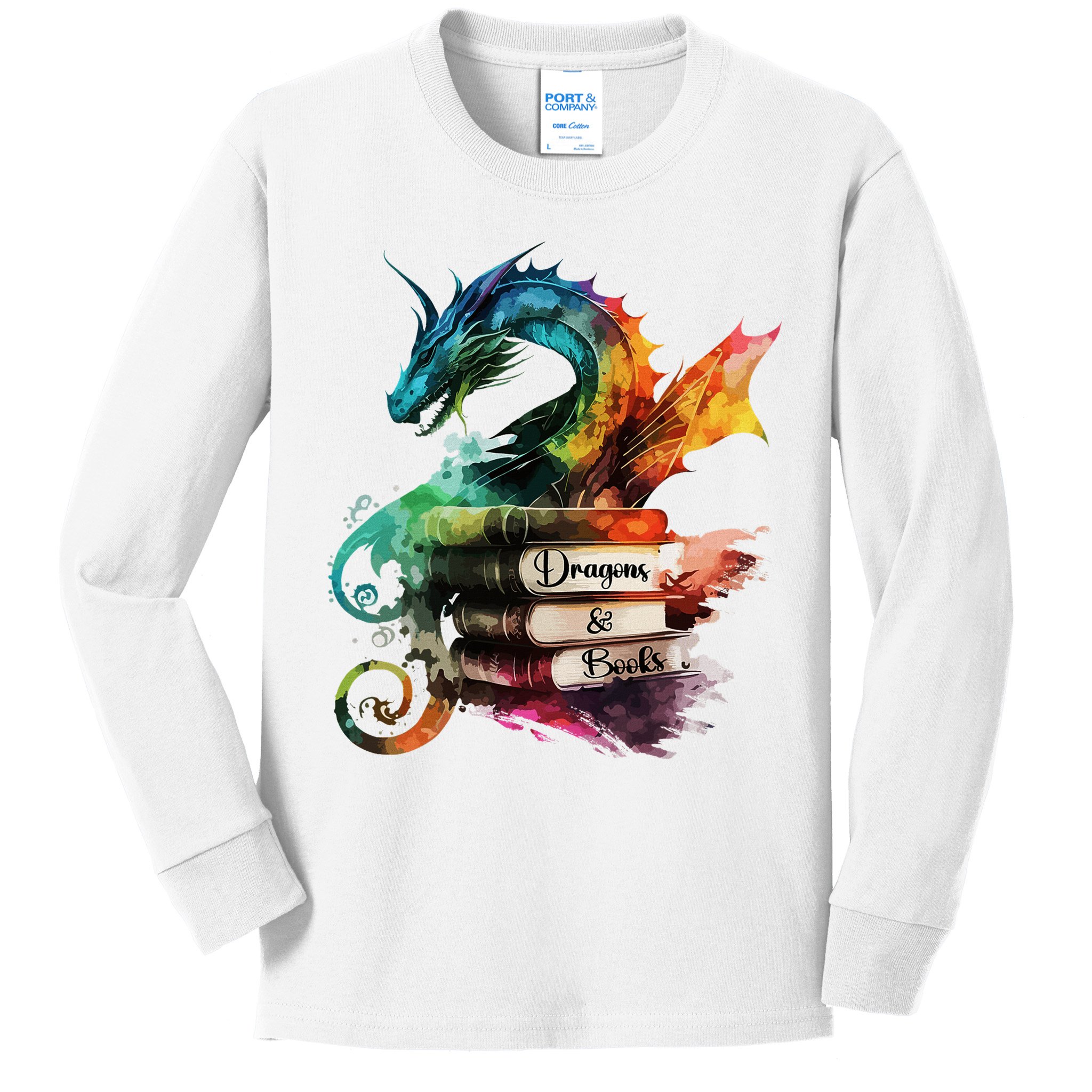 Dragons And Books Watercolor Fantasy Dragon Lover Theme Kids Long Sleeve Shirt