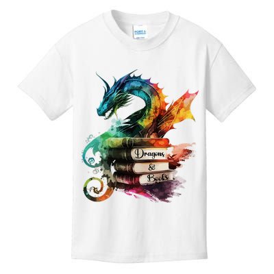 Dragons And Books Watercolor Fantasy Dragon Lover Theme Kids T-Shirt