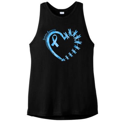 Diabetes Awareness Blue Dragonfly Ribbon Heart Ladies PosiCharge Tri-Blend Wicking Tank