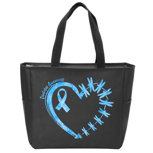 Diabetes Awareness Blue Dragonfly Ribbon Heart Zip Tote Bag