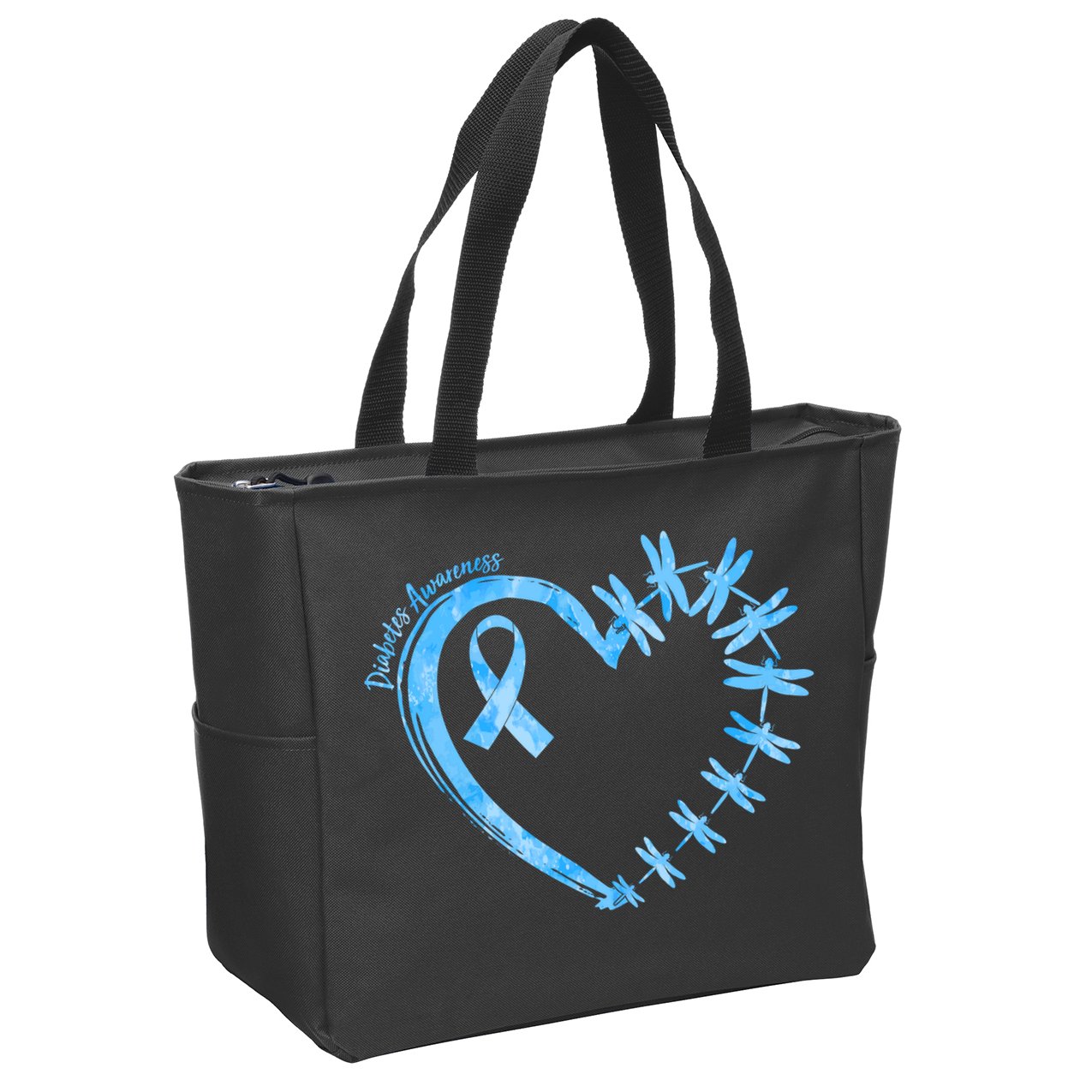 Diabetes Awareness Blue Dragonfly Ribbon Heart Zip Tote Bag
