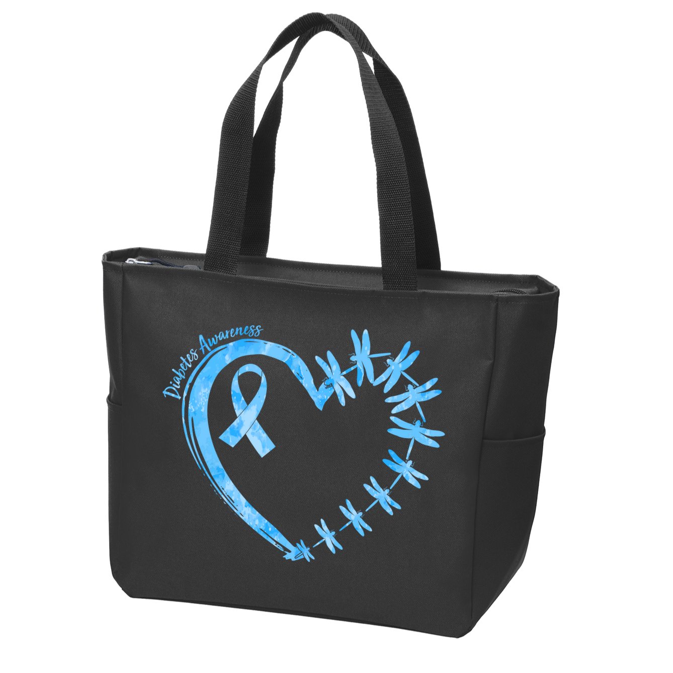 Diabetes Awareness Blue Dragonfly Ribbon Heart Zip Tote Bag