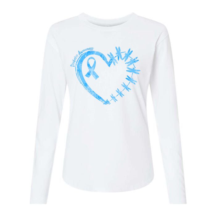 Diabetes Awareness Blue Dragonfly Ribbon Heart Womens Cotton Relaxed Long Sleeve T-Shirt