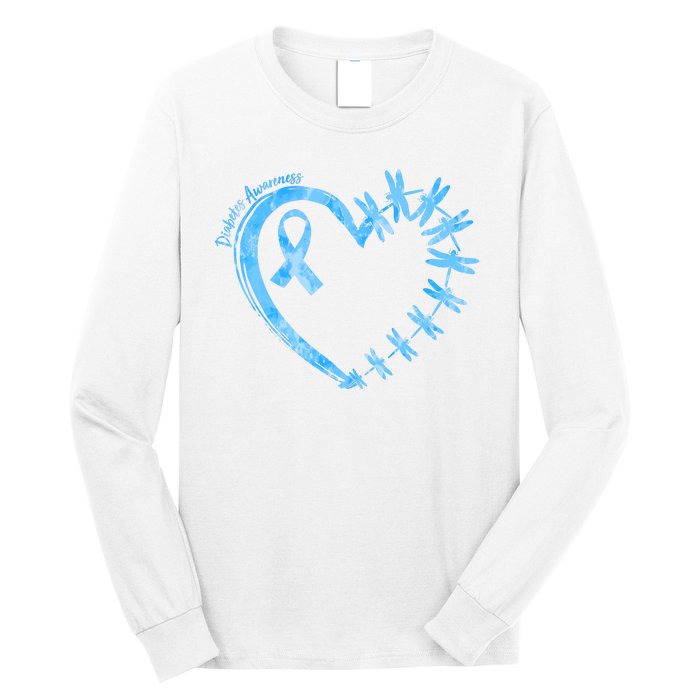 Diabetes Awareness Blue Dragonfly Ribbon Heart Long Sleeve Shirt