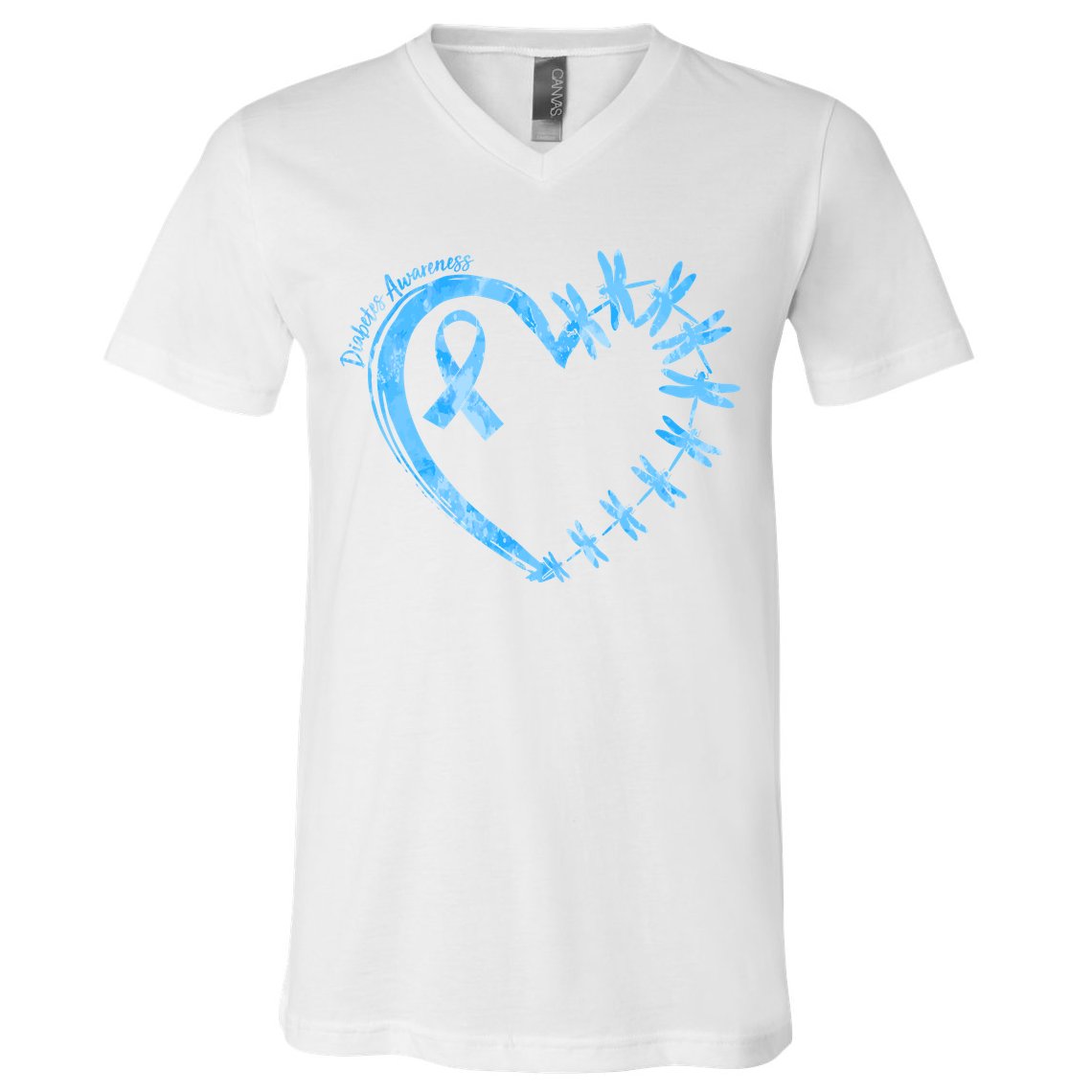 Diabetes Awareness Blue Dragonfly Ribbon Heart V-Neck T-Shirt