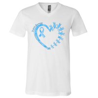 Diabetes Awareness Blue Dragonfly Ribbon Heart V-Neck T-Shirt