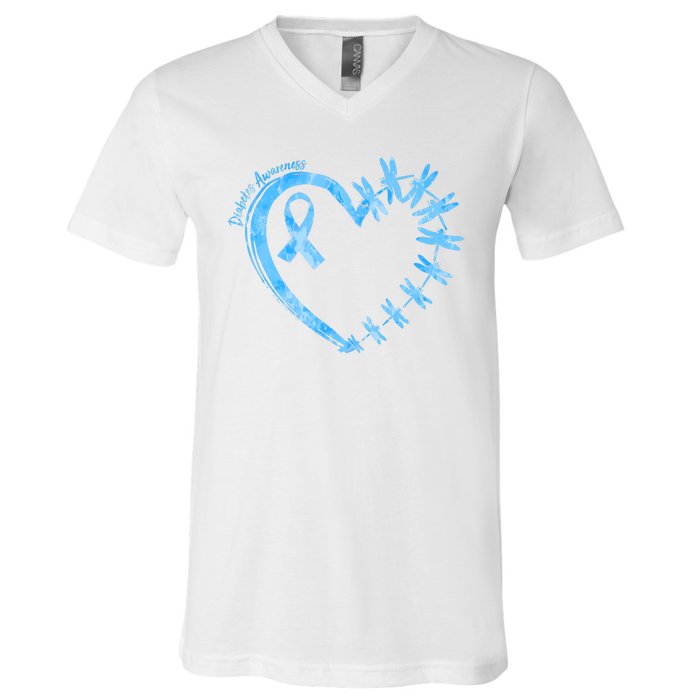 Diabetes Awareness Blue Dragonfly Ribbon Heart V-Neck T-Shirt