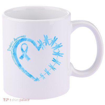Diabetes Awareness Blue Dragonfly Ribbon Heart 11oz C Handle Ceramic Mug