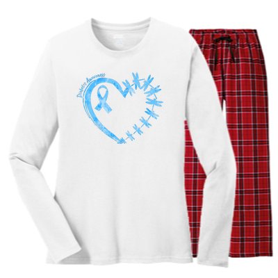 Diabetes Awareness Blue Dragonfly Ribbon Heart Women's Long Sleeve Flannel Pajama Set 