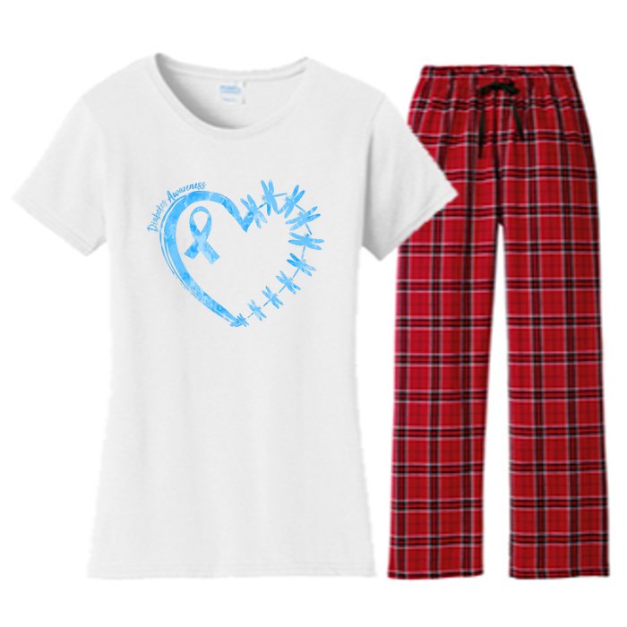 Diabetes Awareness Blue Dragonfly Ribbon Heart Women's Flannel Pajama Set